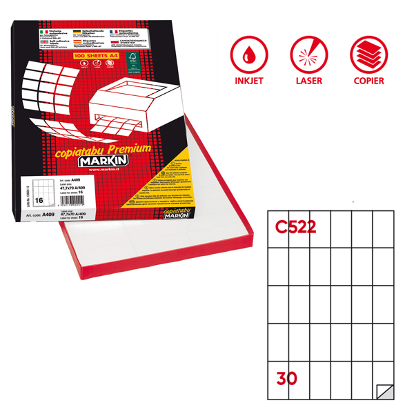  Etichette adesive C/522 - in carta - permanenti - 35 x 59 mm - 30 et/fg - 100 fogli - bianco - Markin 