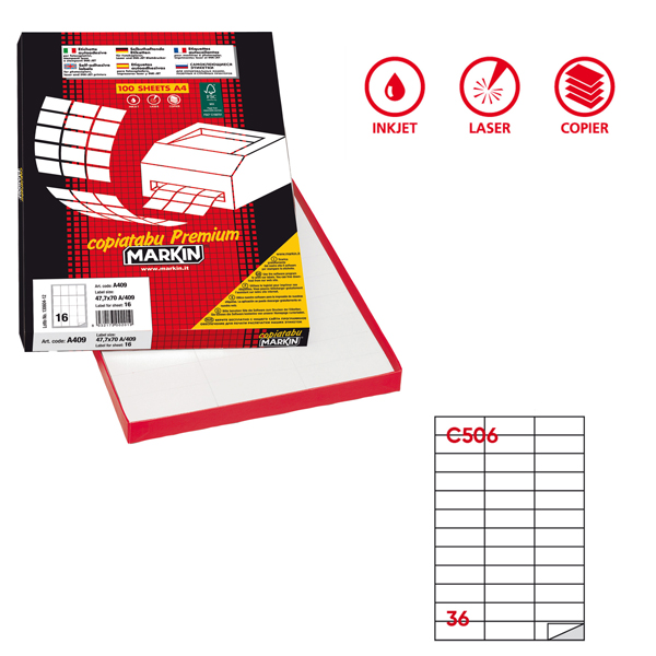  Etichette adesive C/506 - in carta - permanenti - 70 x 24,25 mm - 36 et/fg - 100 fogli - bianco - Markin 