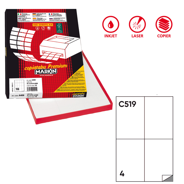  Etichette adesive C/519 - in carta - permanenti - 105 x 148,5 mm - 4 et/fg - 100 fogli - bianco - Markin 