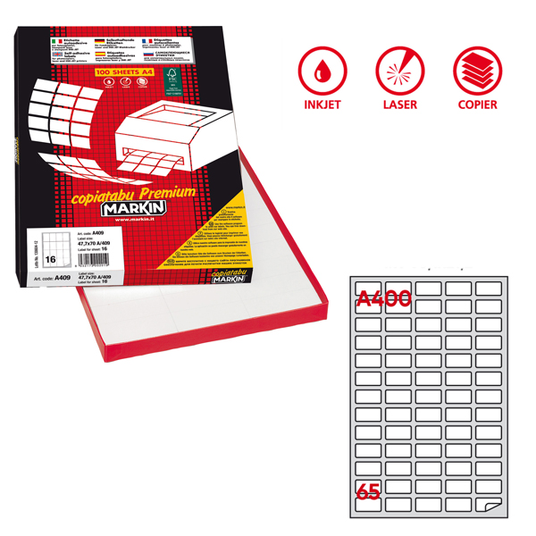  Etichette adesive A/400 - in carta - permanenti - 38,1 x 21,2 mm - 65 et/fg - 100 fogli - bianco - angoli tondi - Markin 