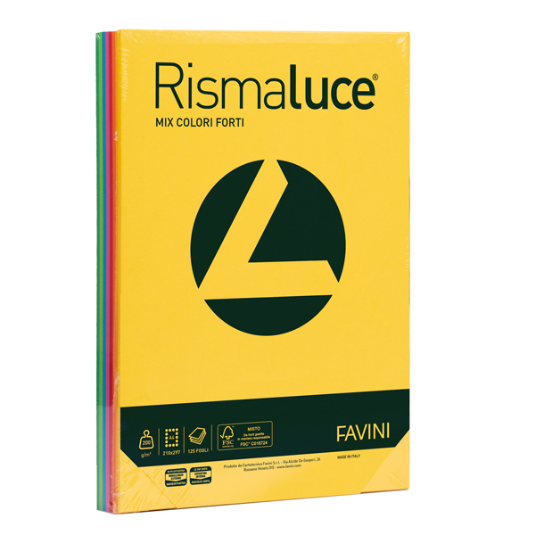  Carta Rismaluce - A4 - 200 gr - mix 8 colori - Favini - conf. 125 fogli 