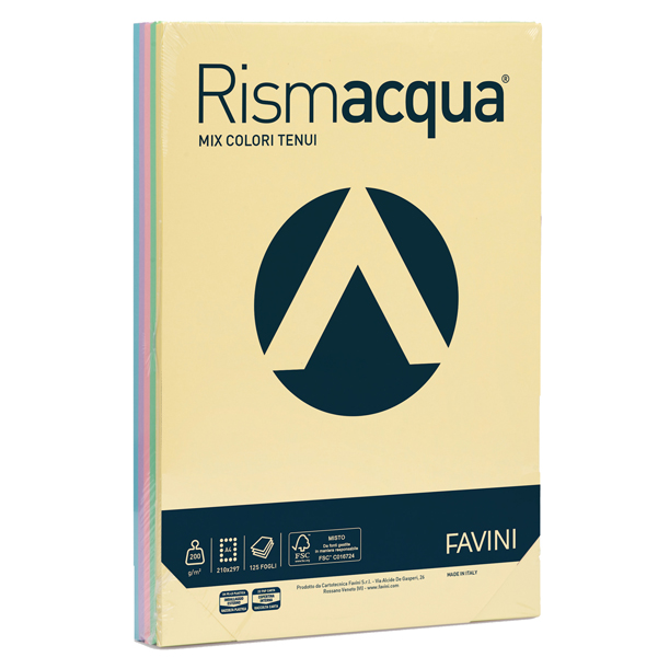  Carta Rismacqua - A4 - 200 gr - mix 5 colori - Favini - conf. 125 fogli 