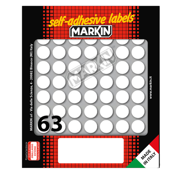  Etichette adesive tonde - in carta - permanenti - diametro 14 mm - 63 et/fg - 10 fogli - bianco - Markin 