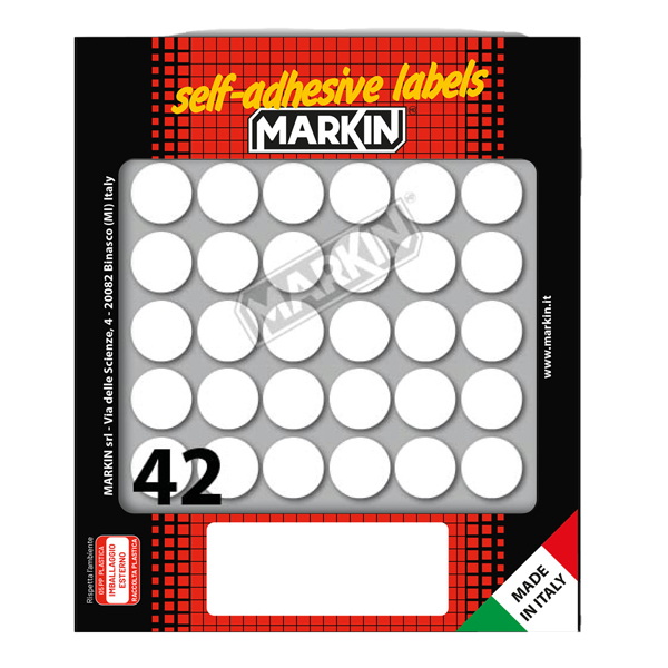  Etichette adesive tonde - in carta - permanenti - diametro 18 mm - 42 et/fg - 10 fogli - bianco - Markin 