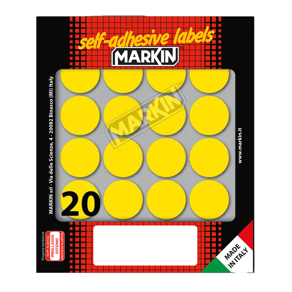  Etichette adesive tonde - in carta - permanenti - diametro 27 mm - 20 et/fg - 10 fogli - giallo - Markin 