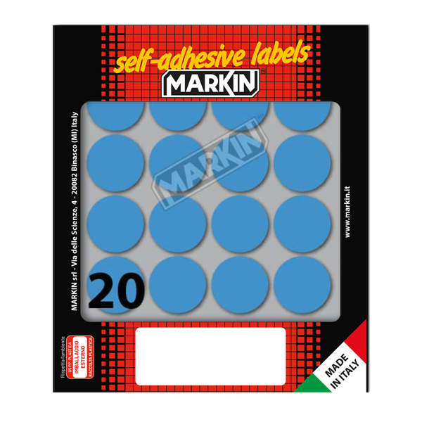  Etichette adesive tonde - in carta - permanenti - diametro 27 mm - 20 et/fg - 10 fogli - blu - Markin 