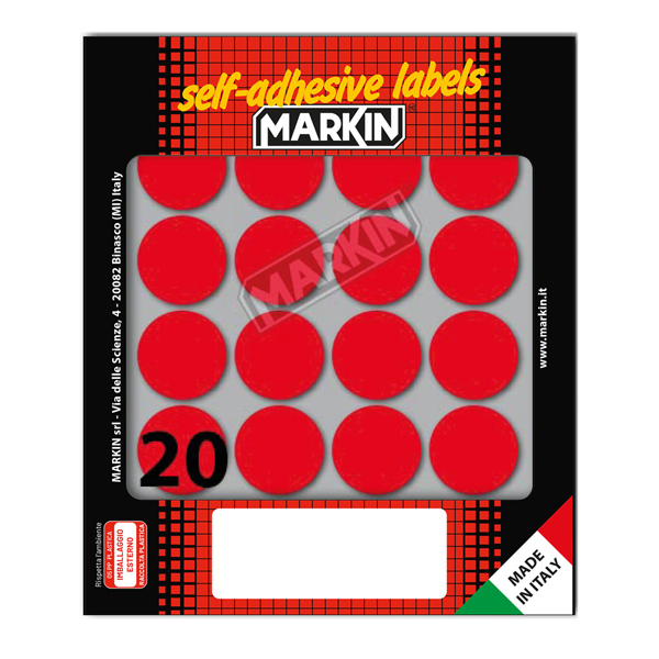  Etichette adesive tonde - in carta - permanenti - diametro 27 mm - 20 et/fg - 10 fogli - rosso - Markin 