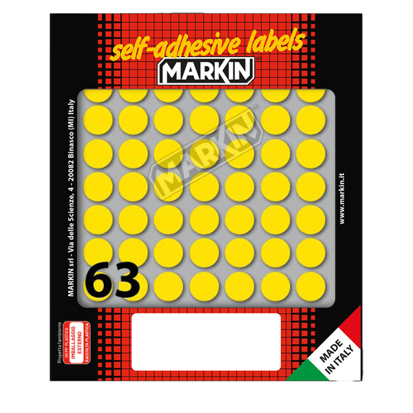  Etichette adesive tonde - in carta - permanenti - diametro 14 mm - 63 et/fg - 10 fogli - giallo - Markin 