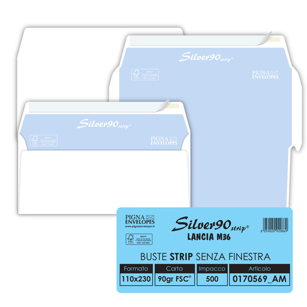  Busta Silver90 Strip FSC - senza finestra - internografata - 11 x 23 cm - 90 gr - bianco - Pigna Envelopes - conf. 500 pezzi 