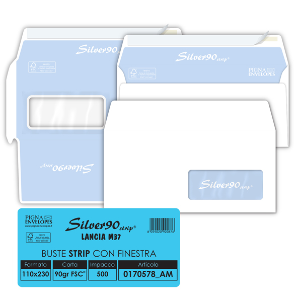  Busta Silver90 Strip FSC - con finestra - internografata - 11 x 23 cm - 90 gr - bianco - Pigna Envelopes - conf. 500 pezzi 