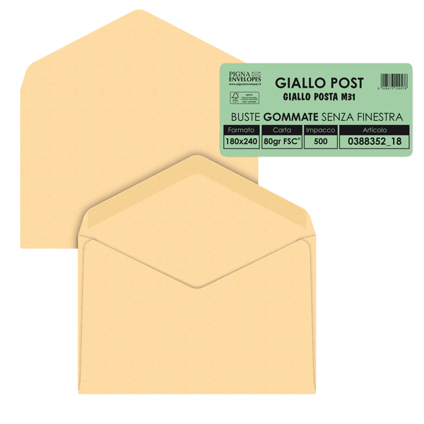  Busta Giallo Postale - gommata - 18 x 24 cm - 80 gr - carta riciclata FSC - giallo - Pigna Envelopes - conf. 500 pezzi 