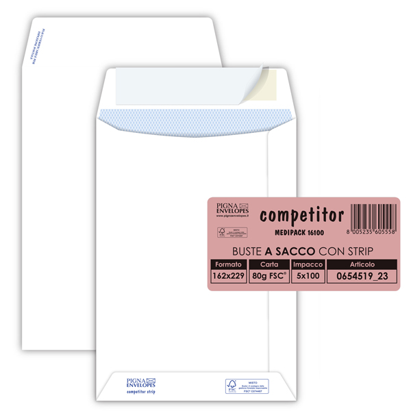 Busta a sacco Competitor FSC - strip adesivo - 16 x 23 cm - 80 gr - bianco - Pigna Envelopes - conf. 100 pezzi 
