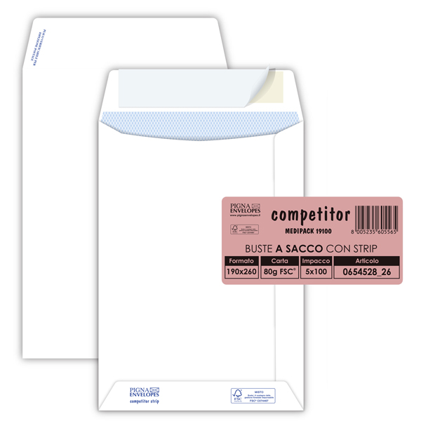  Busta a sacco Competitor FSC - strip adesivo - 19 x 26 cm - 80 gr - bianco - Pigna Envelopes - conf. 100 pezzi 