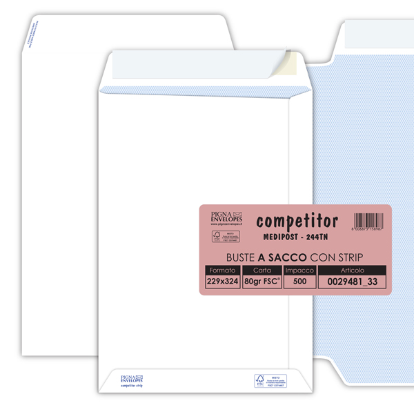  Busta a sacco Competitor FSC - strip adesivo - 23 x 33 cm - 80 gr - bianco - Pigna Envelopes - conf. 500 pezzi 