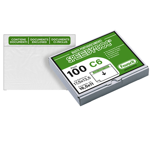 Busta adesiva Speedy Doc - con stampa "contiene documenti" - C6 (16,5 x 11 cm) - PPL/PE - trasparente - Favorit - conf. 100 pezzi 