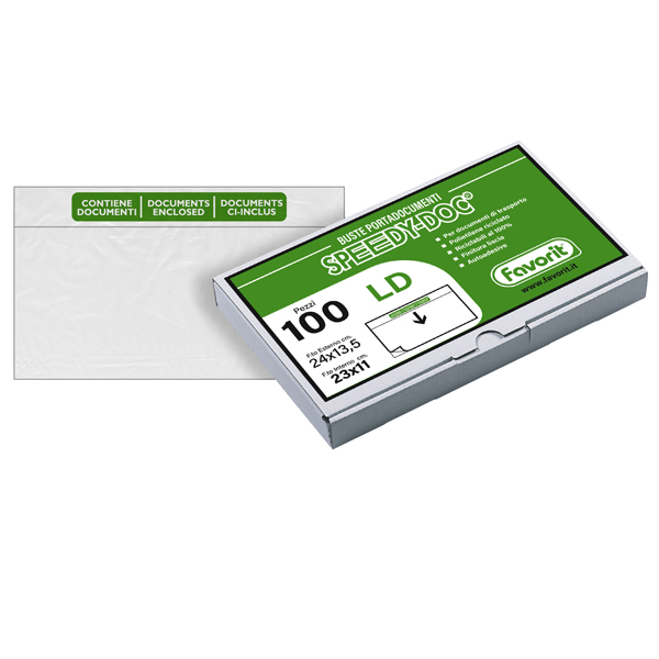  Busta adesiva Speedy Doc - con stampa "contiene documenti" - LD (23 x 11 cm) - PPL/PE - trasparente - Favorit - conf. 100 pezzi 
