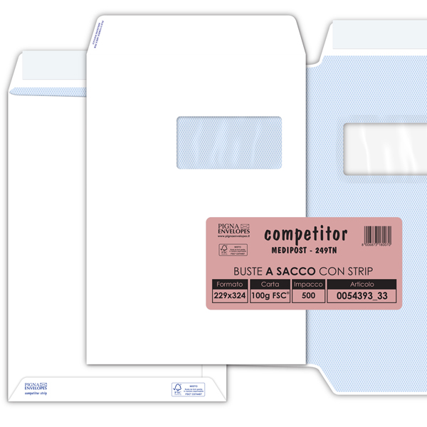  Busta a sacco Competitor FSC - strip adesivo - con finestra - 23 x 33 cm - 100 gr - bianco - Pigna Envelopes - conf. 500 pezzi 