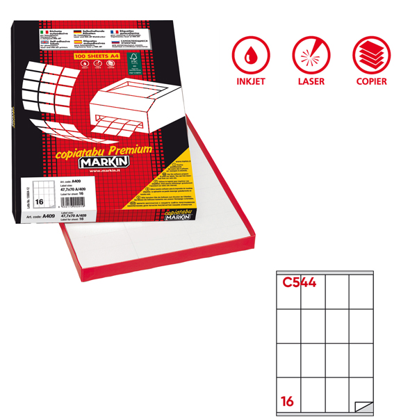  Etichette adesive C/544 - in carta - permanenti - 72 x 53 mm - 16 et/fg - 100 fogli - bianco - Markin 