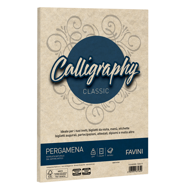 Carta Calligraphy pergamena - A4 - 190 gr - sabbia 02 - Favini - conf. 50 fogli 