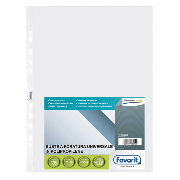  Buste forate Special PP - Superior - liscio - 23 x 33 cm - trasparente - Favorit - conf. 25 buste 