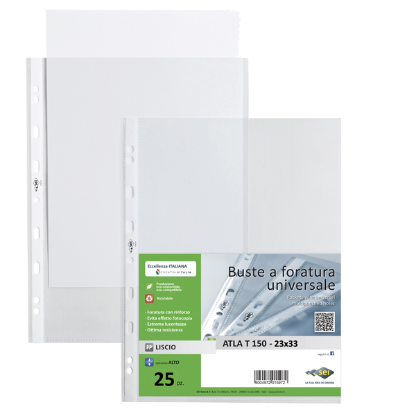  Buste forate Atla T - pesante - liscio - 23 x 33 cm - trasparente - Sei Rota - conf. 25 pezzi 