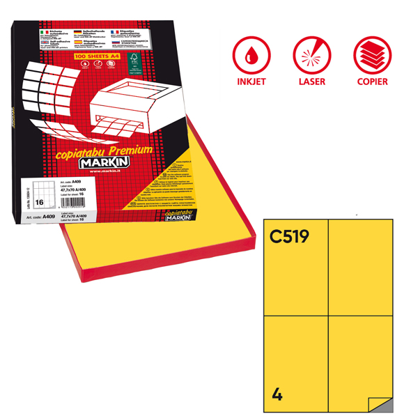  Etichette adesive C/519 - in carta - permanenti - 105 x 148,5 mm - 4 et/fg - 100 fogli - giallo - Markin 