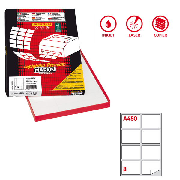  Etichette adesive A/450 - in carta - permanenti - 99,1 x 67,7 mm - 8 et/fg - 100 fogli - bianco - angoli tondi - Markin 