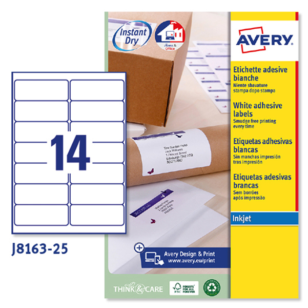  Etichette adesive J8163 - in carta - angoli arrotondati - inkjet - permanenti - 99,1 x 38,1 mm - 14 et/fg - 25 fogli - bianco - Avery 