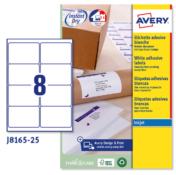 Etichette adesive J8165 - in carta - angoli arrotondati - inkjet - permanenti - 99,1 x 67,7 mm - 8 et/fg - 25 fogli - bianco - Avery 