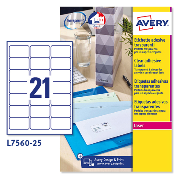  Etichette adesive L7560 - in poliestere - laser - permanenti - 63,5 x 38,1 mm - 21 et/fg - 25 fogli - trasparente - Avery 