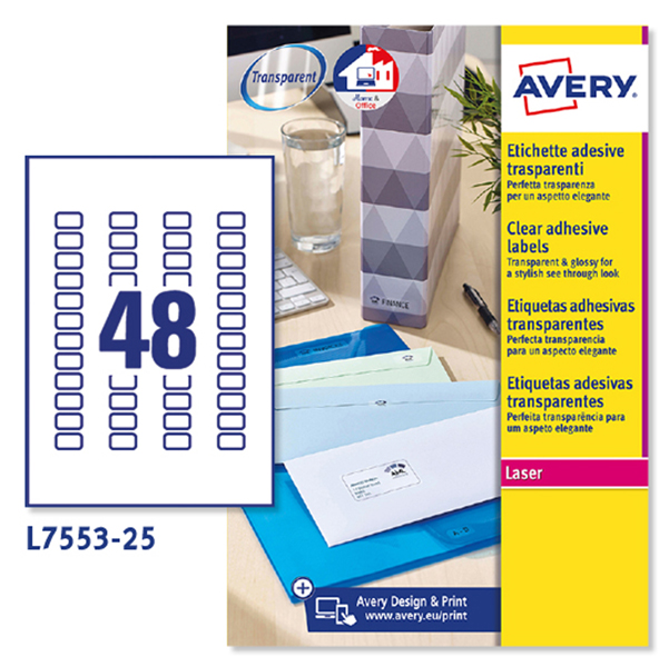  Etichette adesive L7553 - in poliestere - laser - permanenti - 22 x 12,7 mm - 48 et/fg - 25 fogli - trasparente - Avery 