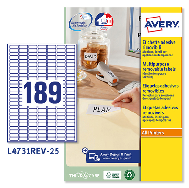  Etichette adesive L4731REV - in carta - angoli arrotondati - rimovibili - 25,4 x 10 mm - 189 et/fg - 25 fogli - bianco - Avery 