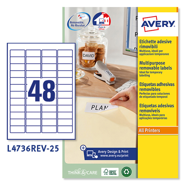  Etichette adesive L4736REV - in carta - angoli arrotondati - rimovibili - 45,7 x 21,2 mm - 48 et/fg - 25 fogli - bianco - Avery 