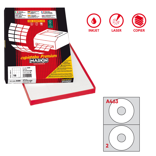  Etichette adesive A/463 - in carta - permanenti - diametro CD 117,5 mm - foro 41 mm - 2 et/fg - 100 fogli - bianco - Markin 