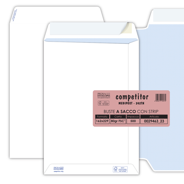  Busta a sacco Competitor FSC - strip adesivo - 16 x 23 cm - 80 gr - bianco - Pigna Envelopes - conf. 500 pezzi 