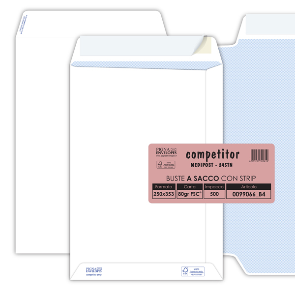  Busta a sacco Competitor FSC - strip adesivo - 25 x 35,3 cm - 80 gr - bianco - Pigna Envelopes - conf. 500 pezzi 