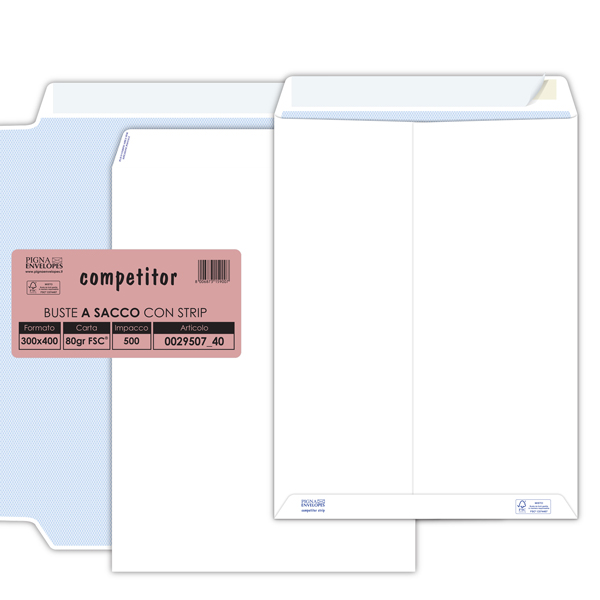  Busta a sacco Competitor FSC - strip adesivo - 30 x 40 cm - 80 gr - bianco - Pigna Envelopes - conf. 500 pezzi 