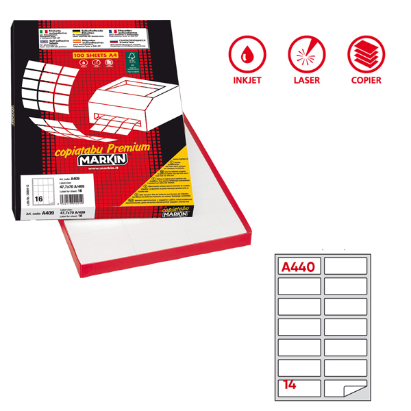  Etichette adesive A/440 - in carta - permanenti - 99,1 x 38,1 mm - 14 et/fg - 100 fogli - bianco - angoli tondi - Markin 