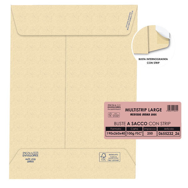  Busta a sacco Multi Strip Large - soffietti laterali - strip adesivo - 19 x 26 x 4 cm - 100 gr - carta riciclata FSC - avana - Pigna Envelopes - conf. 250 pezzi 