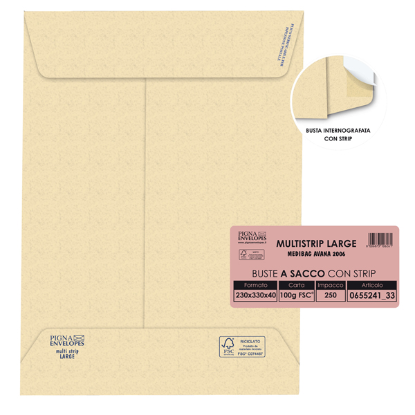  Busta a sacco Multi Strip Large - soffietti laterali - strip adesivo - 23 x 33 x 4 cm - 100 gr - carta riciclata FSC - avana - Pigna Envelopes - conf. 250 pezzi 