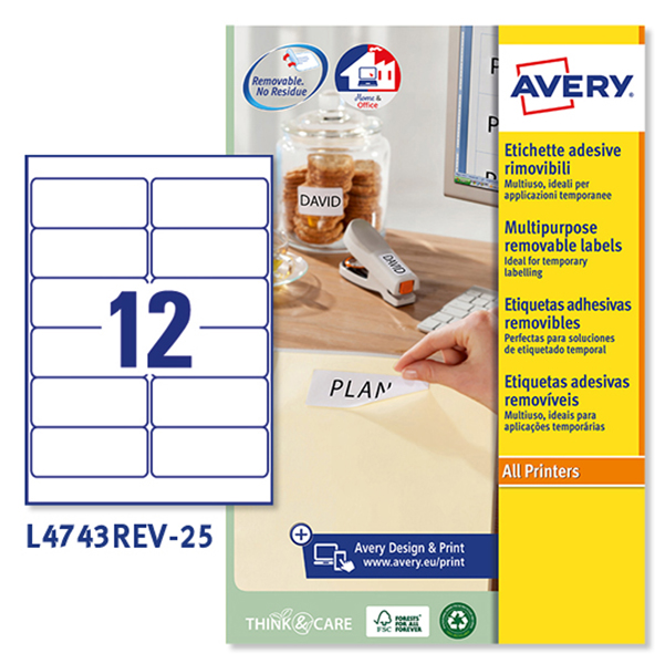  Etichette adesive L4743REV - in carta - angoli arrotondati - rimovibili - 99,1 x 42,3 mm - 12 et/fg - 25 fogli - bianco - Avery 