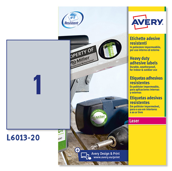  Etichette adesive L6013 - in poliestere - laser - permanenti - 210 x 297 mm - 1 et/fg - 20 fogli - argento - Avery 