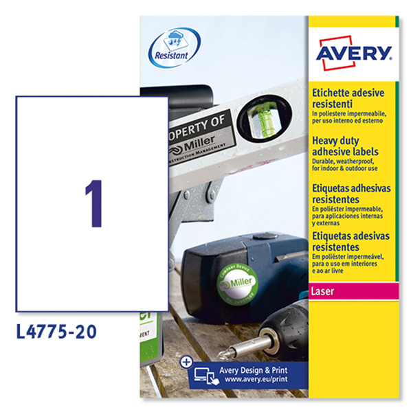 Etichette adesive L4775 - in poliestere - laser - permanenti - 210 x 297 mm - 1 et/fg - 20 fogli - bianco - Avery 