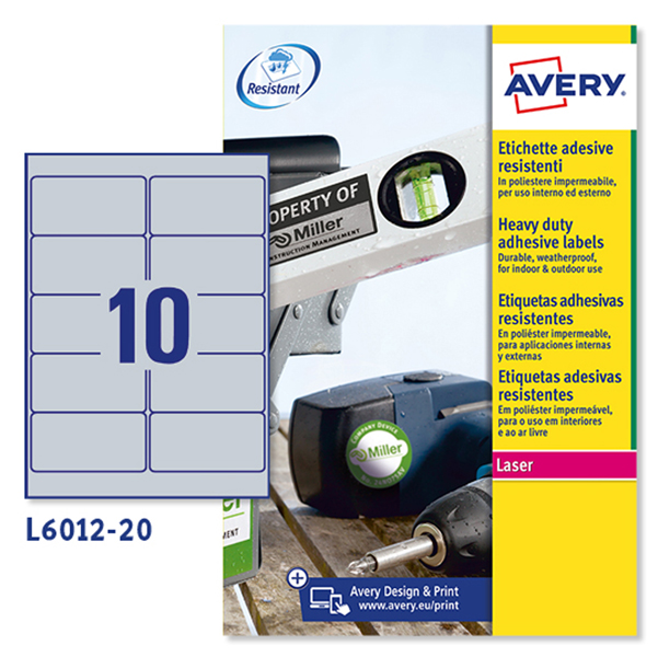  Etichette adesive L6012 - in poliestere - laser - permanenti - 96 x 50,8 mm - 10 et/fg - 20 fogli - argento - Avery 