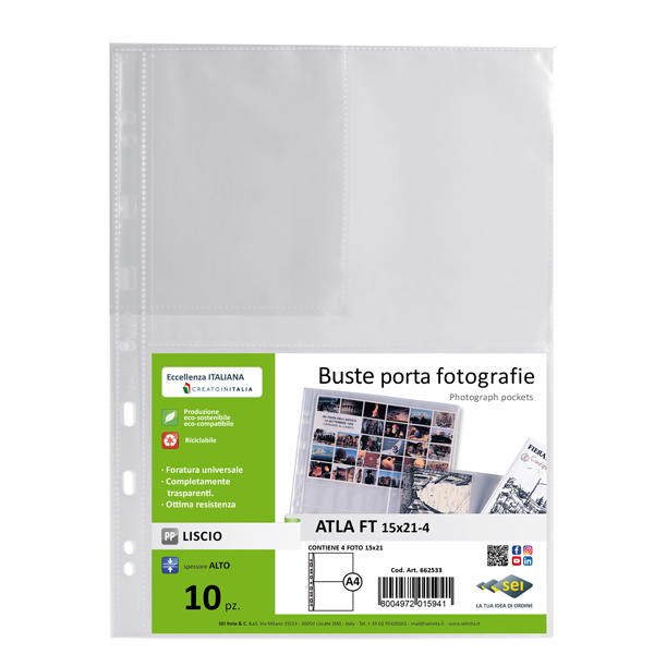  Buste forate Atla FT porta foto e cartoline - 4 spazi 15 x 21 cm - trasparente - Sei Rota - conf. 10 pezzi 