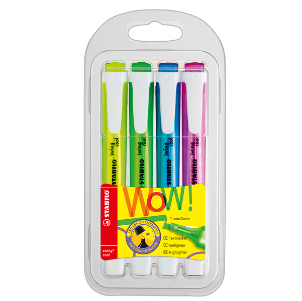  Evidenziatore Swing Cool - punta a scalpello - tratto da 1,0mm e 4,0mm - astuccio 4 colori - Stabilo 