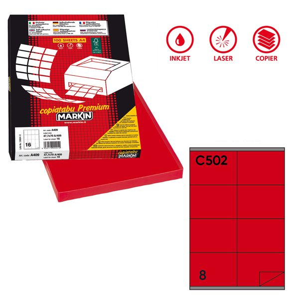  Etichette adesive C/502 - in carta - permanenti - 105 x 72 mm - 8 et/fg - 100 fogli - rosso - Markin 