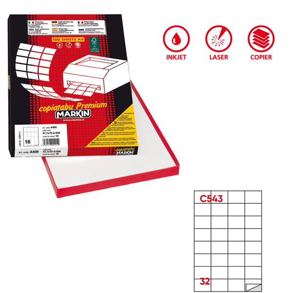  Etichette adesive C/543 - in carta - permanenti - 52,5 x 37 mm - 32 et/fg - 100 fogli - bianco - Markin 