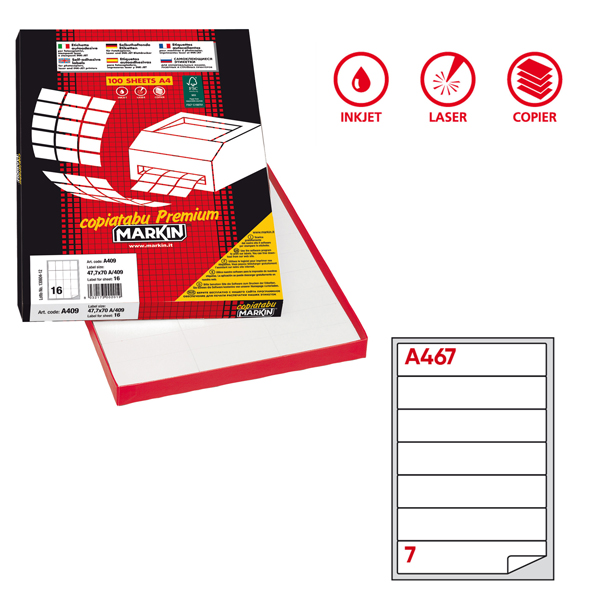  Etichette adesive A/467 - in carta - permanenti - 190 x 38 mm - 7 et/fg - 100 fogli - bianco - angoli tondi - Markin 