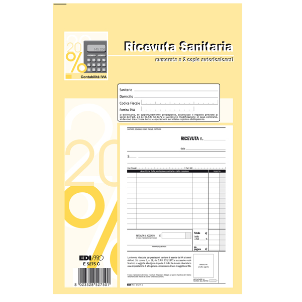  Blocco ricevute sanitarie numerate - 50/50 fogli autoricalcanti - 23 x 15cm - Edipro 